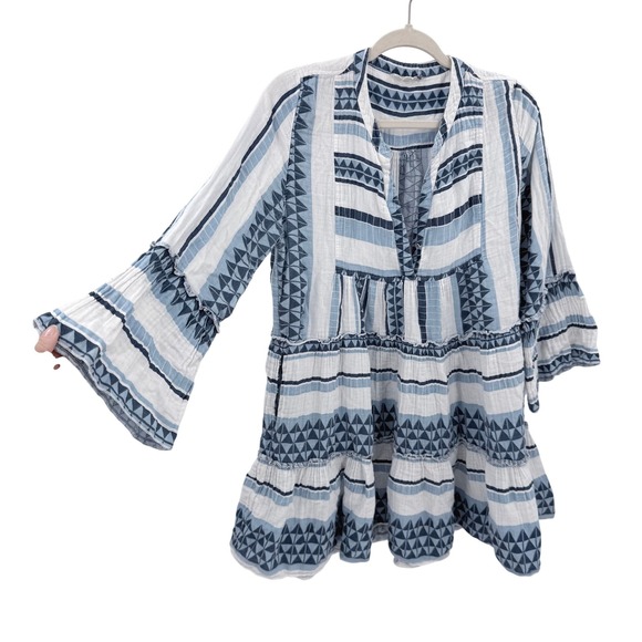 Elan Dresses & Skirts - Elan Blue White Tribal Cotton Gauze Tiered Bell Sleeve Tunic Dress Pockets L